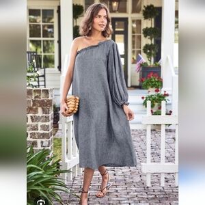 LAKE Milly Linen Midi Dress Navy Blue Off Shoulder Long Puff Sleeve Pockets XS